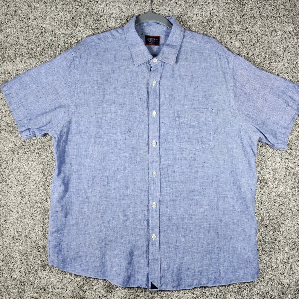 UNTUCKit Button Down Mens XL Valente WR 100% Linen Short Sleeve Blue Excellent